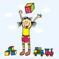 Happy kid, girl and toy, dice, cubes and train, cartoon, vector illustration