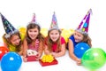 Happy kid girls puppy dog gift in birthday party Royalty Free Stock Photo