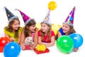 Happy kid girls puppy dog gift in birthday party Royalty Free Stock Photo