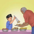 Happy kid giving food for poor man illustration Royalty Free Stock Photo