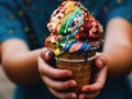 Happy kid has a cone of tasty colourful ice cream ready to eat