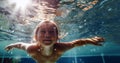 Happy kid have fun in swimming pool. swimming under water, Funny child swim, dive in pool jump deep down underwater from poolside