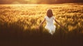 Girl running on cereal field Royalty Free Stock Photo