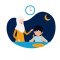 Happy kid and his mother ready for sahur or pre-dawn meal before start fasting vector illustration. family ramadan activity