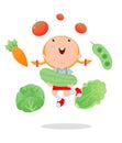 Happy kid holding smiling live vegetables, Children and vegetables, Healthy children food concept, Happy kids holding jumping vege Royalty Free Stock Photo