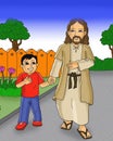 Happy kid and jesus walking together cartoon