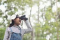 Happy kid looking ahead. Smiling child with the binoculars. Travel and adventure concept. Freedom, vacation Royalty Free Stock Photo