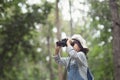 Happy kid looking ahead. Smiling child with the binoculars. Travel and adventure concept. Freedom, vacation Royalty Free Stock Photo