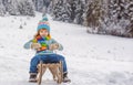 Happy kid ride on sled. Active winter outdoors. Happy Christmas. Winter children. Little boy having fun in the snow Royalty Free Stock Photo