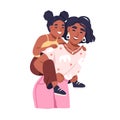 Happy kid riding on mothers back. Smiling laughing mom carrying daughter child. Joyful mum and girl having fun together