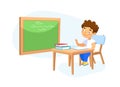 Happy Kid School Boy Sitting at Desk in Classroom Studying, Schoolboy Character Raising Hand to Answer Lesson