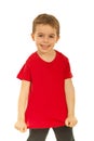 Happy kid showing his blank red t-shirt