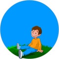 Happy kid sitting on the grass. Cartoon boy character. Sit, child. Blue background. Oval, round, circular design. 2D vector , ill