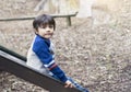 Happy kid sitting on slide in forest Autumn park, Active child wearing jumper playing outdoor in playground, Portrair little boy Royalty Free Stock Photo