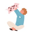 Happy kid sitting with spotty piglet. Child holding little pig in hands. Portrait of glad boy with minipig. Colored flat