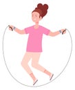 Happy kid with skipping rope. Jumping girl training