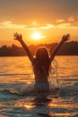 happy kid swimming and bathing in lake or river in summer at sunset, joyful child splashing water