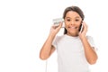 Happy kid talking on smartphone and Royalty Free Stock Photo