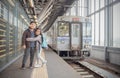 Happy kid traveler with old japan train Royalty Free Stock Photo