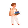 Happy kid walking with stack of books in hands and schoolbag. Elementary student child going with backpack to school. Schoolboy