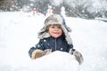 Happy kid winter portrait. Kids in snow. Merry Christmas and Happy new year. Winter kid. Winter morning. Winter emotion. Royalty Free Stock Photo