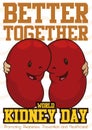 Happy Kidneys Embraced and Commemorating World Kidney Day, Vector Illustration