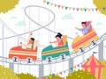 Happy kids in amusement park. Smiling children have fun on roller coaster, cute little boys and girls on ride