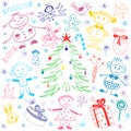 Happy Kids Around Fir Tree with Gifts and Candies. Colorful Funny Children`s Drawings of Winter Holiday`s Symbols.