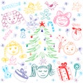 Happy Kids Around Fir Tree with Gifts and Candies. Colorful Funny Children`s Drawings of Winter Holiday`s Symbols.