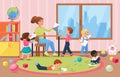 Happy kids artists painting for teacher in kindergarten interior background