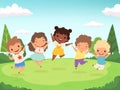 Happy kids background. Funny childrens playing and jumping laughing teen people vector characters