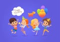 Happy kids with the balloons and birthday hats happily jumping with their hands up against blue background. Birthday Royalty Free Stock Photo