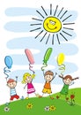 Happy kids and balloons, funny postcard, vector