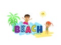 Happy kids on the beach, cartoon design