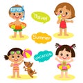 Happy Kids On The Beach Vector Set. Cartoon Flat Style Children In Beach On Summer Holidays. Royalty Free Stock Photo
