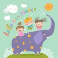 Happy kids with big elephant meet summer