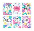 Happy Kids Birthday Party Poster and Invitation Card with Bright Blots Vector Set Royalty Free Stock Photo