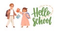 Happy kids with books and bags, Hello School lettering. Girl and boy, couple of smiling children. Junior pupils. Colored Royalty Free Stock Photo