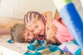 Happy kids. Brother and sister relationships. Children family playing in tent. Cute kids having fun outdoors. Sister and