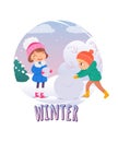 Happy kids building snowman in winter. Children in cold weather having fun outdoor vector illustration. Girl and boy