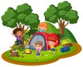 Happy kids camping in the forest