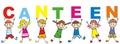 Happy kids and canteen, vector illustration, banner
