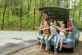 Happy kids in car, family trip, summer vacation travel Royalty Free Stock Photo