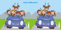 Happy kids at car, find five differences, vector illustration Royalty Free Stock Photo