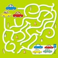 Happy kids at cars, game for children, labyrinth