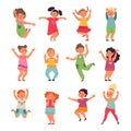 Happy kids. Cartoon children, preschool jumping girls boys. Emotional little funny people playing, isolated cute active
