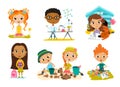 Happy kids cartoon collection. Multicultural children in different positions isolated on white background Royalty Free Stock Photo