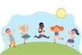 Happy kids. Cartoon smiling children, characters laughing and jumping on green field, school or kindergarten friendship Royalty Free Stock Photo