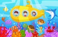 Happy kids cartoon in submarine on the sea Royalty Free Stock Photo