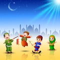 Happy kids celebrate for eid mubarak with mosque background